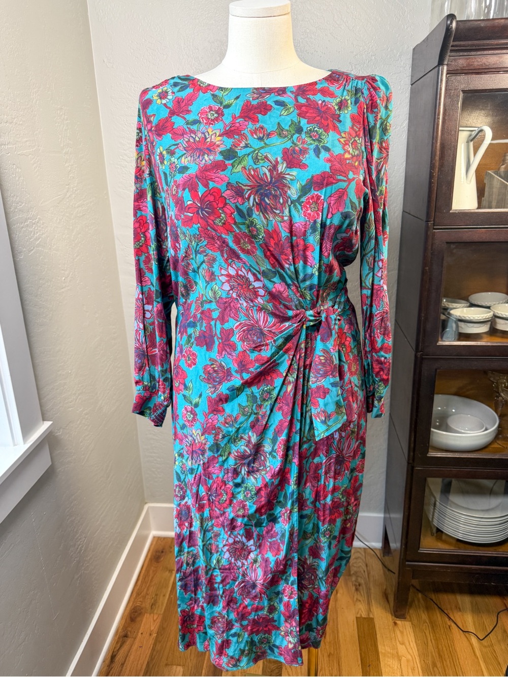 Talbots Floral Faux Wrap Midi Dress Teal Pink Long Sleeve Tie Waist Size 14